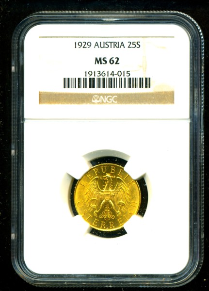 1929 AUSTRIA GOLD COIN 25 SCHILLING * NGC MS 62 * GEM  