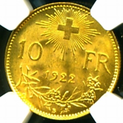 1922 B SWITZERLAND GOLD COIN 10 TEN FRANCS NGC CERTIF GENUINE GRADED 