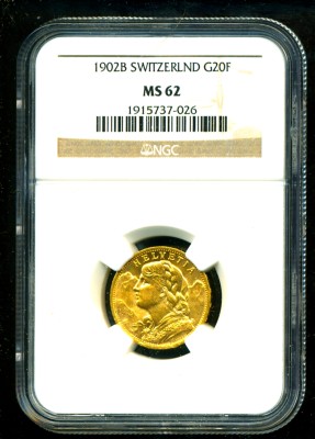 1902 B SWITZERLAND GOLD COIN 20 FRANCS * NGC CERTIF GENUINE GRADED MS 