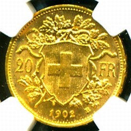 1902 B SWITZERLAND GOLD COIN 20 FRANCS * NGC CERTIF GENUINE GRADED MS 