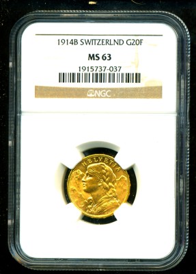 1914 B SWITZERLAND GOLD COIN 20 FRANCS * NGC CERTIF GENUINE GRADED MS 