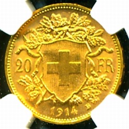 1914 B SWITZERLAND GOLD COIN 20 FRANCS * NGC CERTIF GENUINE GRADED MS 