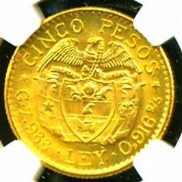 1928 COLOMBIA GOLD COIN 5 PESOS * NGC * CERTIFIED & GRADED MS 64 