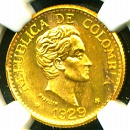 1929 COLOMBIA GOLD COIN 5 PESOS * NGC * CERTIFIED & GRADED MS 64 