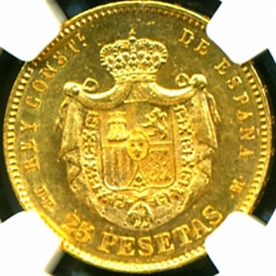 1878 ( 78 ) SPAIN GOLD COIN 25 PESETAS * NGC CERTIFIED & GRADED RARE 