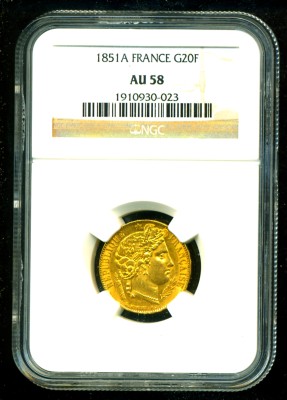 1851 A FRANCE CERES GOLD COIN 20 FRANCS * NGC * RARE  