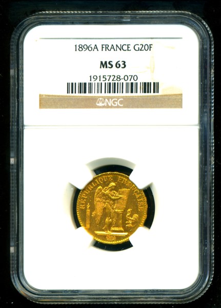 1896 FRENCH ANGEL GOLD COIN 20 FRANCS * NGC CERTIFIED GENUINE & GRADED 