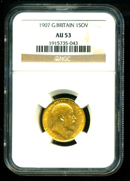 1907 GR.BRITAIN EDWARD VII GOLD COIN SOVEREIGN NGC CERTIFIED GENUINE 