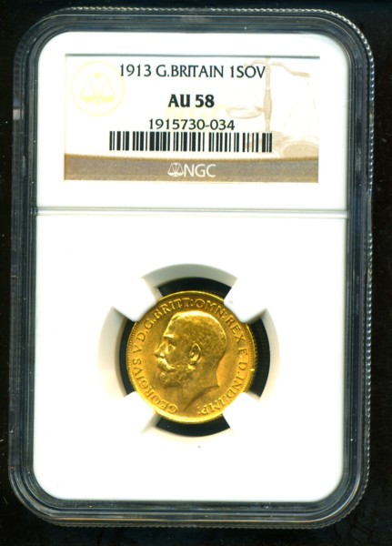 1913 GR.BRITAIN GEORGE V GOLD COIN SOVEREIGN NGC CERTIFIED GENUINE 