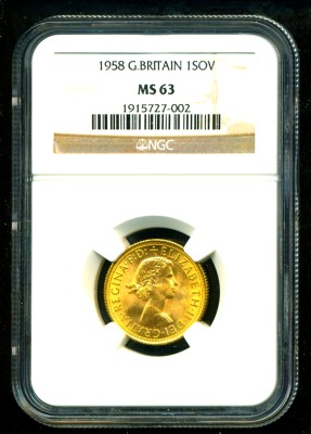 1958 BRITAIN Q E II GOLD COIN SOVEREIGN NGC CERTIF GENUINE GRADED MS 