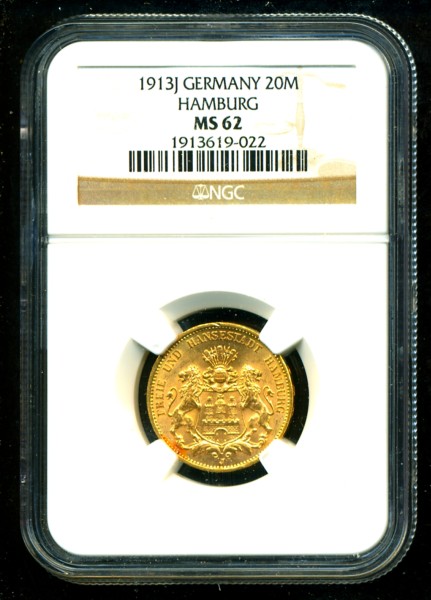 1913 J GERMANY HAMBURG GOLD COIN 20 MARK NGC CERTIFIED GENUINE GRADED 