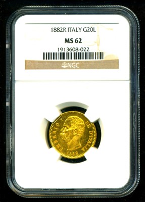 1882 R ITALY GOLD COIN 20 LIRE * NGC CERTIFIED GENUINE & GRADED MS 62 