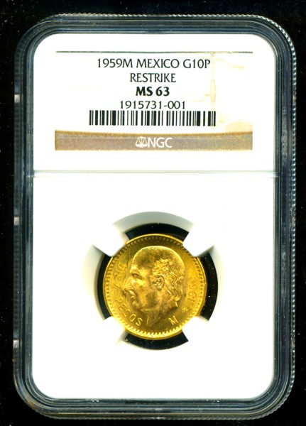 1959M MEXICO HIDALGO GOLD COIN 10 PESOS NGC CERTIFIED GENUINE & GRADED 