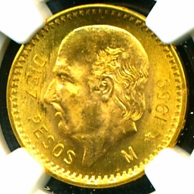 1959M MEXICO HIDALGO GOLD COIN 10 PESOS NGC CERTIFIED GENUINE & GRADED 