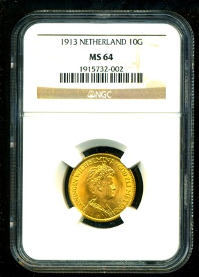 1913 NETHERLANDS GOLD COIN 10 GULDEN * NGC CERTIF GENUINE GRADED MS 64 