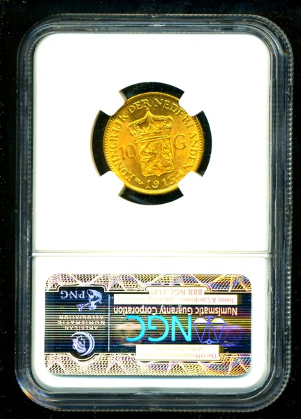 1913 NETHERLANDS GOLD COIN 10 GULDEN * NGC CERTIF GENUINE GRADED MS 64 