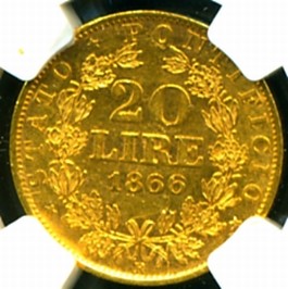 1866 R XXI VATICAN GOLD COIN * 20 LIRE * NGC MEGA RARE  